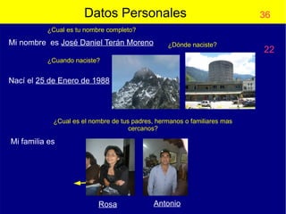 Datos Personales

36

¿Cual es tu nombre completo?

Mi nombre es José Daniel Terán Moreno

¿Dónde naciste?

¿Cuando naciste?

Nací el 25 de Enero de 1988

¿Cual es el nombre de tus padres, hermanos o familiares mas
cercanos?

Mi familia es

Rosa

Antonio

22

 