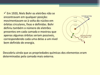 Em 1920, Niels Bohr os eletrões não se encontravam em qualquer posição: movimentavam-se à volta do núcleo em órbitas circulares, fixas e definidas. Bohr definiu também o número de eletrões presentes em cada camada e mostrou que apenas algumas órbitas seriam possíveis, correspondendo cada uma delas a um nível bem definido de energia. Descobriu ainda que as propriedades químicas dos elementos eram determinadas pela camada mais externa. 