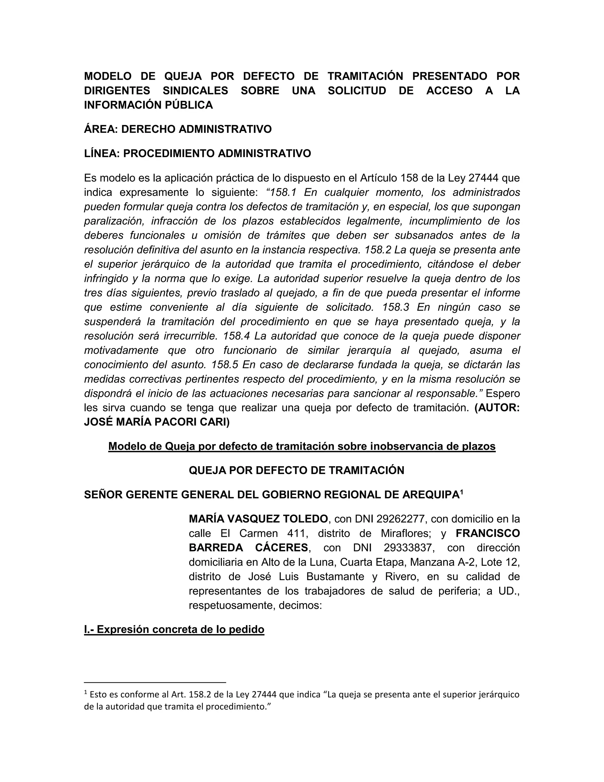 Formular Quejas Modelo queja por defecto de tramitación | DOCX