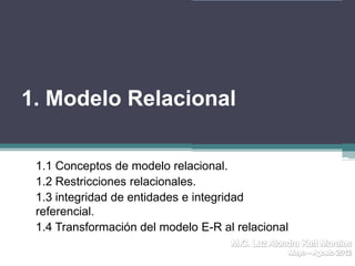 1. Modelo Relacional

 1.1 Conceptos de modelo relacional.
 1.2 Restricciones relacionales.
 1.3 integridad de entidades e integridad
 referencial.
 1.4 Transformación del modelo E-R al relacional
 