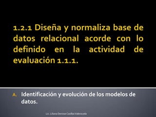 A.   Identificación y evolución de los modelos de
     datos.
              Lic. Liliana Denisse Casillas Valenzuela
 