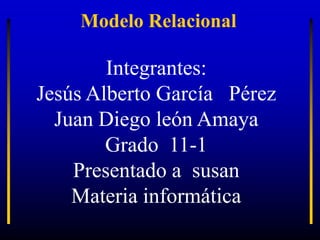 Modelo Relacional
Integrantes:
Jesús Alberto García Pérez
Juan Diego león Amaya
Grado 11-1
Presentado a susan
Materia informática
 