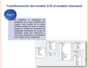 Se establece la integridad de
entidades, en la cual se estable que
ningún valor puede de la clave
primaria puede ser nulo, al mismo
tiempo se verifica la restricción de
integridad referencial en la que se
especifica entre dos relaciones y
sirve para mantener la consistencia
entre tuplas de las relaciones.
Paso 3
 