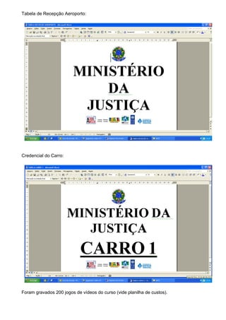 Tabela de Recepção Aeroporto:




Credencial do Carro:




Foram gravados 200 jogos de vídeos do curso (vide planilha de custos).
 