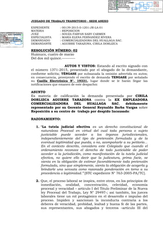 MODELO DE RESOLUCIÓN ADMISORIA DE DEMANDA LABORAL