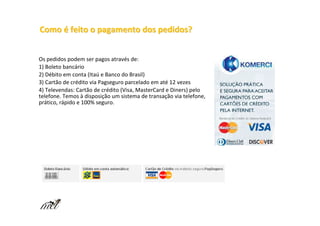 Como é feito o pagamento dos pedidos?


Os pedidos podem ser pagos através de:
1) Boleto bancário
2) Débito em conta (Itaú e Banco do Brasil)
3) Cartão de crédito via Pagseguro parcelado em até 12 vezes
4) Televendas: Cartão de crédito (Visa, MasterCard e Diners) pelo
telefone. Temos à disposição um sistema de transação via telefone,
prático, rápido e 100% seguro.
 