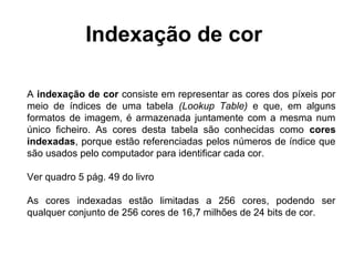 Indexação de cor

A indexação de cor consiste em representar as cores dos píxeis por
meio de índices de uma tabela (Lookup Table) e que, em alguns
formatos de imagem, é armazenada juntamente com a mesma num
único ficheiro. As cores desta tabela são conhecidas como cores
indexadas, porque estão referenciadas pelos números de índice que
são usados pelo computador para identificar cada cor.

Ver quadro 5 pág. 49 do livro

As cores indexadas estão limitadas a 256 cores, podendo ser
qualquer conjunto de 256 cores de 16,7 milhões de 24 bits de cor.
 
