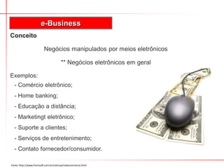 Conceito
Negócios manipulados por meios eletrônicos
** Negócios eletrônicos em geral
Exemplos:
- Comércio eletrônico;
- Home banking;
- Educação a distância;
- Marketingt eletrônico;
- Suporte a clientes;
- Serviços de entretenimento;
- Contato fornecedor/consumidor.
e-Business
Fonte: http://www.fromsoft.com.br/noticias/notecommerce.html
 