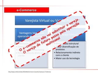 e-Commerce
http://www.scribd.com/doc/7631644/eCommerce-Conceitos-Evolucao-e-Tendencias
Vantagens Varejistas
operando e-Commerce
• Fidelização da marca
• Diversidade de mídia
• Menor custo no marketing
• Relacionamento direto com
cliente
Varejo Virtual
• Menor custo estrutural
• Maior diversificação de
produtos
• Relacionamento indireto
com o cliente
• Maior uso da tecnologia
Varejista Virtual ou Virtual Pura?
 