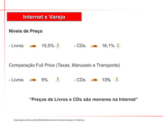 Internet x Varejo
http://www.scribd.com/doc/7631644/eCommerce-Conceitos-Evolucao-e-Tendencias
Níveis de Preço
- Livros 15,5% - CDs 16,1%
Comparação Full Price (Taxas, Manuseio e Transporte)
- Livros 9% - CDs 13%
“Preços de Livros e CDs são menores na Internet”
 