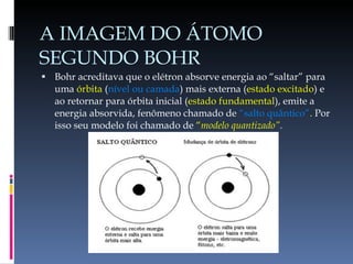 A IMAGEM DO ÁTOMO SEGUNDO BOHR Bohr acreditava que o elétron absorve energia ao “saltar” para uma  órbita  ( nível ou camada ) mais externa ( estado excitado ) e ao retornar para órbita inicial ( estado fundamental ), emite a energia absorvida, fenômeno chamado de  “salto quântico” .  Por isso seu modelo foi chamado de  “ modelo quantizado” . 