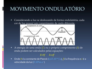 MOVIMENTO ONDULATÓRIO Considerando a luz se deslocando de forma ondulatória, cada cor de luz possui um comprimento de onda diferente. A energia de uma onda ( E ) ou o próprio comprimento ( λ ) de onda podem ser calculados pelas equações: E=hf  λ=c/f  Onde  h  é a constante de Planck ( 6,63.10 -34  J.s ),  f  é a frequência e  c  é a velocidade da luz ( 3.10 8 m.s -1 )  
