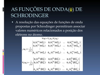 AS FUNÇÕES DE ONDA( ψ ) DE SCHRODINGER  A resolução das equações de funções de onda propostas por Schrodinger permitiram associar valores numéricos relacionados a posição dos elétrons no átomo. 