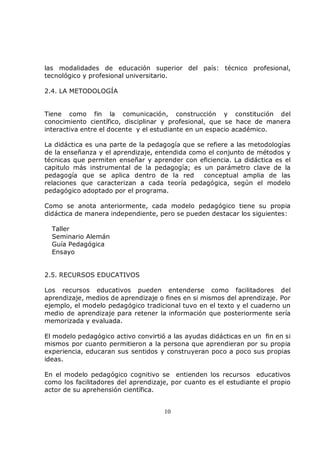 las modalidades de educación superior del país: técnico profesional,
tecnológico y profesional universitario.

2.4. LA METODOLOGÍA


Tiene como fin la comunicación, construcción y constitución del
conocimiento científico, disciplinar y profesional, que se hace de manera
interactiva entre el docente y el estudiante en un espacio académico.

La didáctica es una parte de la pedagogía que se refiere a las metodologías
de la enseñanza y el aprendizaje, entendida como el conjunto de métodos y
técnicas que permiten enseñar y aprender con eficiencia. La didáctica es el
capitulo más instrumental de la pedagogía; es un parámetro clave de la
pedagogía que se aplica dentro de la red        conceptual amplia de las
relaciones que caracterizan a cada teoría pedagógica, según el modelo
pedagógico adoptado por el programa.

Como se anota anteriormente, cada modelo pedagógico tiene su propia
didáctica de manera independiente, pero se pueden destacar los siguientes:

  Taller
  Seminario Alemán
  Guía Pedagógica
  Ensayo


2.5. RECURSOS EDUCATIVOS

Los recursos educativos pueden entenderse como facilitadores del
aprendizaje, medios de aprendizaje o fines en si mismos del aprendizaje. Por
ejemplo, el modelo pedagógico tradicional tuvo en el texto y el cuaderno un
medio de aprendizaje para retener la información que posteriormente sería
memorizada y evaluada.

El modelo pedagógico activo convirtió a las ayudas didácticas en un fin en si
mismos por cuanto permitieron a la persona que aprendieran por su propia
experiencia, educaran sus sentidos y construyeran poco a poco sus propias
ideas.

En el modelo pedagógico cognitivo se entienden los recursos educativos
como los facilitadores del aprendizaje, por cuanto es el estudiante el propio
actor de su aprehensión científica.


                                     10
 