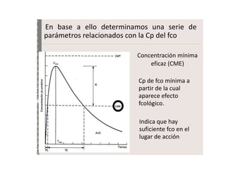 En base a ello determinamos una serie de
parámetros relacionados con la Cp del fco

                         Concentración mínima
                             eficaz (CME)

                         Cp de fco mínima a
                         partir de la cual
                         aparece efecto
                         fcológico.

                         Indica que hay
                         suficiente fco en el
                         lugar de acción
 