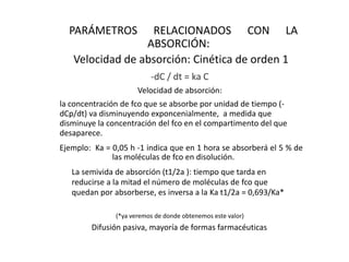 PARÁMETROS      RELACIONADOS CON LA
                 ABSORCIÓN:
   Velocidad de absorción: Cinética de orden 1
                          -dC / dt = ka C
                      Velocidad de absorción:
la concentración de fco que se absorbe por unidad de tiempo (-
dCp/dt) va disminuyendo exponcenialmente, a medida que
disminuye la concentración del fco en el compartimento del que
desaparece.
Ejemplo: Ka = 0,05 h -1 indica que en 1 hora se absorberá el 5 % de
              las moléculas de fco en disolución.
   La semivida de absorción (t1/2a ): tiempo que tarda en
   reducirse a la mitad el número de moléculas de fco que
   quedan por absorberse, es inversa a la Ka t1/2a = 0,693/Ka*

               (*ya veremos de donde obtenemos este valor)
        Difusión pasiva, mayoría de formas farmacéuticas
 