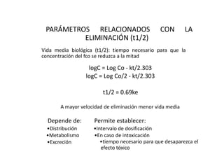 PARÁMETROS RELACIONADOS                        CON        LA
          ELIMINACIÓN (t1/2)
Vida media biológica (t1/2): tiempo necesario para que la
concentración del fco se reduzca a la mitad

                  logC = Log Co - kt/2.303
                 logC = Log Co/2 - kt/2.303

                        t1/2 = 0.69ke

       A mayor velocidad de eliminación menor vida media

  Depende de:       Permite establecer:
 •Distribución      •Intervalo de dosificación
 •Metabolismo       •En caso de intoxicación
 •Excreción            •tiempo necesario para que desaparezca el
                       efecto tóxico
 