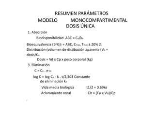 RESUMEN PARÁMETROS
          MODELO    MONOCOMPARTIMENTAL
                   DOSIS ÚNICA
    1. Absorción
         Biodisponibilidad. ABC = Co/ke
Bioequivalencia (EFG): = ABC, Cmax, Tmax ± 20% 2.
Distribución (volumen de distibución aparente) Vd =
dosis/Co
        Dosis = Vd x Cp x peso corporal (kg)
 3. Eliminación
      C = Co . e-kt
       log C = log Co - k . t/2,303 Constante
            de eliminación ke
            Vida media biológica          t1/2 = 0.69ke
            Aclaramiento renal             Clr = (Cu x Vu)/Cp
r
 
