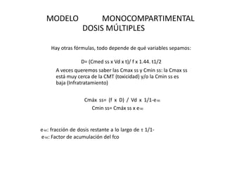MODELO                MONOCOMPARTIMENTAL
                   DOSIS MÚLTIPLES

     Hay otras fórmulas, todo depende de qué variables sepamos:

                  D= (Cmed ss x Vd x t)/ f x 1.44. t1/2
       A veces queremos saber las Cmax ss y Cmin ss: la Cmax ss
       está muy cerca de la CMT (toxicidad) y/o la Cmin ss es
       baja (Infratratamiento)


                    Cmáx ss= (f x D) / Vd x 1/1-e-kt
                      Cmin ss= Cmáx ss x e-kt


e-kt: fracción de dosis restante a lo largo de τ 1/1-
e-kt: Factor de acumulación del fco
 