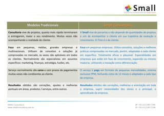 Modelos Tradicionais                                          Small Consultoria
Consultoria vive de projetos, quanto mais rápido terminarem   A Small vive de parcerias e não depende de quantidades de projetos
e entregarem, maior o seu rendimento. Muitas vezes não        e sim de acompanhar o cliente em sua trajetória de evolução e
acompanhando a realidade do cliente.                          crescimento. O Time é o do cliente.

Foco em pequenas, médias, grandes empresas e                  Foco em pequenas empresas. Utiliza conceitos, soluções e melhores
multinacionais. Utilizam de conceitos e soluções já           práticas comprovadas no mercado, porém, adaptadas a cada cliente
comprovadas no mercado, às vezes não aplicáveis em todos      em específico. Totalmente eficaz e plausível. Especialidades em
os clientes. Normalmente são especialistas em assuntos        empresas que estão em fase de crescimento, expansão ou mesmo
específicos: marketing, finanças, estratégia, fusões, etc.    maduras, utilizando a inovação como diferenciação.

Serviço normalmente são caros e com prazos de pagamentos      O serviço é pago em formato de pequenas mensalidades, sistema
muitas vezes não condizentes ao cliente.                      exclusivo PPM, fechando ciclos de 12 meses e adaptados a cada tipo
                                                              de empresa.

Resultados obtidos são correções, ajustes e melhorias         Resultados obtidos são correções, melhorias e orientação em toda
pontuais em áreas, produtos / serviços, entre outros.         a empresa, suprir necessidades dos sócios e o principal, o
                                                              aprendizado da empresa.



SMALL Consultoria                                                                                            SP: +55 (11) 2307.7105
www.smallconsultoria.com.br                                                                                  SP: +55 (11) 2307.7106
 