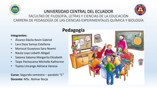 UNIVERSIDAD CENTRAL DEL ECUADOR
FACULTAD DE FILOSOFÍA, LETRAS Y CIENCIAS DE LA EDUCACIÓN
CARRERA DE PEDAGOGÍA DE LAS CIENCIAS EXPERIMENTALES QUÍMICA Y BIOLOGÍA
Pedagogía
Integrantes:
• Álvarez Dávila Kevin Gabriel
• Lara Daza Samya Estefania
• Mariscal Guaytoso Sara Noemí
• Naula Loya Lizbeth Abigail
• Satama Satama Margarita Elizabeth
• Taipe Pachacama Michelle Katherine
• Tupiza Lincango Adriana Vanesa
Curso: Segundo semestre – paralelo “C”
Docente: MSc. Bolívar Borja
 