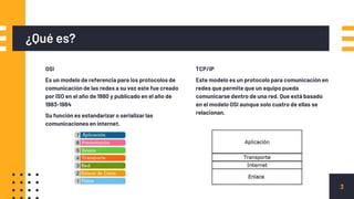 ¿Qué es?
TCP/IP
Este modelo es un protocolo para comunicación en
redes que permite que un equipo pueda
comunicarse dentro de una red. Que está basado
en el modelo OSI aunque solo cuatro de ellas se
relacionan.
OSI
Es un modelo de referencia para los protocolos de
comunicación de las redes a su vez este fue creado
por ISO en el año de 1980 y publicado en el año de
1983-1984
Su función es estandarizar o serializar las
comunicaciones en internet.
3
 