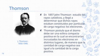 Thomson
✘ En 1897 John Thomson estudio los
rayos catódicos, y llegó a
determinar que dichos rayos
estaban constituidos por partículas
de carga negativa: los electrones.
✘ Thomson postula que el átomo
debe ser una esfera compacta
positiva en la cual se encontrarían
incrustados los electrones en
distintos lugares, de manera que la
cantidad de carga negativa sea
igual a la cantidad de la carga
positiva.
16
J. Thomson .
1856-1940.
 