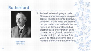 Rutherford
✘ Rutherford concluyó que cada
átomo esta formado por una parte
central :núcleo de carga positiva,
donde estaría la masa del átomo.
Las partículas que están dentro del
núcleo se llaman protones. Los
electrones se encontrarían en la
parte externa girando en órbitas
circulares, lejos del núcleo. Esta
visión de átomo se llama como:
modelo planetario de Rutherford.
19
Rutherford
1871-1937.
 
