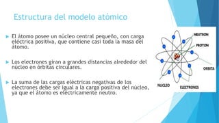 Estructura del modelo atómico
 El átomo posee un núcleo central pequeño, con carga
eléctrica positiva, que contiene casi toda la masa del
átomo.
 Los electrones giran a grandes distancias alrededor del
núcleo en órbitas circulares.
 La suma de las cargas eléctricas negativas de los
electrones debe ser igual a la carga positiva del núcleo,
ya que el átomo es eléctricamente neutro.
 