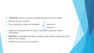  Permite: Calcular energía y velocidad de electrones en la orbita
 Termino de tomo excitado
 Con el descubre el átomo de Hidrogeno 1 electrón e-
1 protón p+
 Cuando un átomo pasa de una orbita a otra este no pasa por orbitas
intermedias
 Explica la estabilidad de materia y espectros de emisión y absorción que se
observan en los gases
 Simplifica la estructura de la materia
 