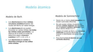 Modelo átomico
Modelo de Borh
 Los electronesdescriben órbitas
circulares establesalrededor del
núcleo del átomo sin radiar energía
 Los electronessolo se pueden
encontrar en ciertas órbitas (no todas
las órbitas están permitidas). La
ditancia de la órbita al núcleo se
determina según elnúmero
cuántico n (n=1, n=2, n=3...)
 Los electronessolo emiten o
absorben energía en los saltos
entre órbitas.
Modelo de Sommerfeld
 Dentro de un mismo nivel energético (n)
existen subniveles diferentes.
 No solo existen órbitas circulares sino
también órbitas elípticas determinadas
por el número cuántico azimutal(l) que
toma valores desde 0 a n-1:
 Adapta el modelo de Bohr a La mecánica
relativista ya que los electrones se
mueven a velocidades cercanas a las de
la luz.
 Para Sommerfeld,el electrón es una
corriente eléctrica.
 
