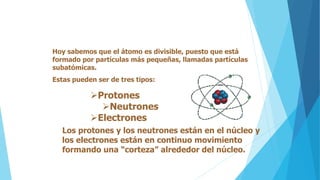 Hoy sabemos que el átomo es divisible, puesto que está
formado por partículas más pequeñas, llamadas partículas
subatómicas.
Estas pueden ser de tres tipos:
Los protones y los neutrones están en el núcleo y
los electrones están en continuo movimiento
formando una “corteza” alrededor del núcleo.
Protones
Neutrones
Electrones
 