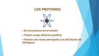 LOS PROTONES:
• Se encuentran en el núcleo
• Tienen carga eléctrica positiva
• Poseen una masa semejante a la del átomo de
hidrógeno
 