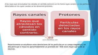 A los rayos que atravesaban los cátodos en sentido contrario se les llamo rayos canales y a las partículas
detectadas en los rayos canales se les denominó protones.
Posteriormente se estudiaron estas desviaciones de las partículas en un campo magnético y se
descubrió que si masa era aproximadamente un promedio de 1 836 veces mayor que la de un
electrón.
 