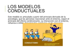 LOS MODELOS
CONDUCTUALES
Este modelo es articulado a partir del principio derivado de la
psicología, que las personas reaccionan ante el entorno, según el
principio del efecto condicionante. La interacción con el entorno,
refuerza o inhibe determinadas conductas en las personas.
 