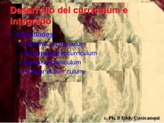 Desarrollo del currículum e
integrado
• Actividades:
  – Elaborar el currículum
  – Implementar el currículum
  – Aplicar el currículum
  – Evaluar el curr´culum
 