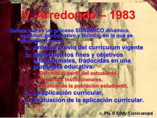 V. Arredondo – 1983
Señala que es un proceso SISTEMICO dinámico,
   continuo, participativo y técnico, en la que se
   distingue 4 fases:
      a. Análisis previo del currículum vigente
      b. Especifica los fines y objetivos
         educacionales, traducidas en una
         propuesta educativa.
         – Delimita el perfil del estudiante.
         – Recursos institucionales,
         – Análisis de la población estudiantil,
      c. La aplicación curricular,
      d. Evaluación de la aplicación curricular.
 