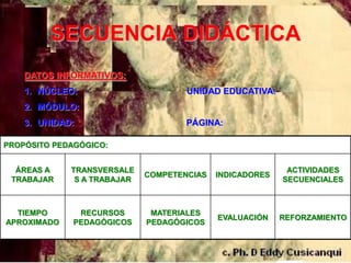 SECUENCIA DIDÁCTICA
    DATOS INFORMATIVOS:
    1. NÚCLEO:                       UNIDAD EDUCATIVA:
    2. MÓDULO:
    3. UNIDAD:                       PÁGINA:

PROPÓSITO PEDAGÓGICO:


  ÁREAS A    TRANSVERSALE                                  ACTIVIDADES
                             COMPETENCIAS   INDICADORES
 TRABAJAR     S A TRABAJAR                                SECUENCIALES



  TIEMPO       RECURSOS       MATERIALES
                                            EVALUACIÓN    REFORZAMIENTO
APROXIMADO    PEDAGÓGICOS    PEDAGÓGICOS
 