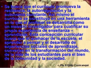 • Se busca que el currículo promueva la
  resiliencia, la autorregulación y la
  autonomía constante. Así mismo el
  currículo se constituya en una herramienta
  en la que el profesor se desarrolla como
  un maestro investigador para cualificar su
  propia experiencia de enseñanza –
  aprendizaje. Esta concepción curricular
  busca que el quehacer de la escuela, el
  aprender a pensar y el desarrollo de
  experiencias sociales de aprendizaje,
  converjan en la transformación del mundo,
  de la vida de los estudiantes para el bien
  de la comunidad y la sociedad.
 