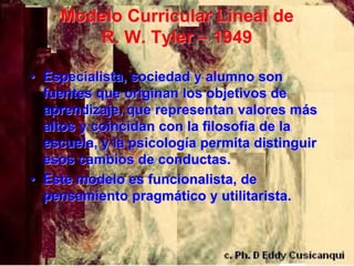 Modelo Curricular Lineal de
       R. W. Tyler – 1949

• Especialista, sociedad y alumno son
  fuentes que originan los objetivos de
  aprendizaje, que representan valores más
  altos y coincidan con la filosofía de la
  escuela, y la psicología permita distinguir
  esos cambios de conductas.
• Este modelo es funcionalista, de
  pensamiento pragmático y utilitarista.
 