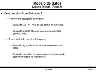 Cómo se identifican Entidades ? A partir de la  descripción  del negocio: Buscando SUSTANTIVOS de uso común en el negocio. Buscando SINÓNIMOS, que representen conceptos generalizables. A partir de los  documentos  del negocio: Buscando agrupaciones de información contenida en éstos. Buscando elementos de información cuyo origen puede estar en entidades no identificadas. Modelo de Datos Modelo Entidad - Relación 
