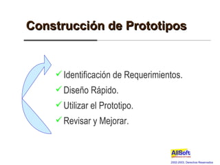 Construcción de Prototipos <ul><li>Identificación de Requerimientos. </li></ul><ul><li>Diseño Rápido. </li></ul><ul><li>Ut...