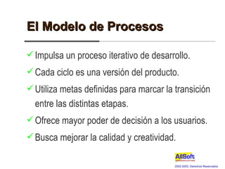 El Modelo de Procesos <ul><li>Impulsa un proceso iterativo de desarrollo. </li></ul><ul><li>Cada ciclo es una versión del ...