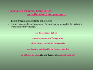 Teoría del  Proceso Terapéutico  en la Relación Interpersonal : -  Es un proceso en constante exploración  Es un proceso de incorporación de  nuevos significados de hechos y conductas individuales.  Uso Profesional del Yo  como Instrumento Terapéutico  de la  Intervención de Enfermería que basa la satisfacción de las necesidades en el logro de una  Alianza Terapéutica  con el paciente 