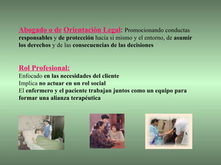 Abogado o de   Orientación Legal :  Promocionando conductas  responsables  y  de protección  hacia si mismo y el entorno, de  asumir los derechos  y de las  consecuencias de las decisiones Rol Profesional: Enfocado  en las necesidades del cliente Implica  no actuar en un rol social El  enfermero y el paciente trabajan juntos como un equipo para formar una alianza terapéutica 