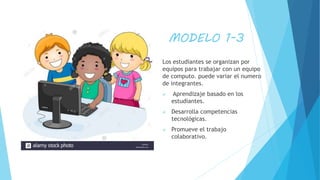 MODELO 1-3
Los estudiantes se organizan por
equipos para trabajar con un equipo
de computo. puede variar el numero
de integrantes.
 Aprendizaje basado en los
estudiantes.
 Desarrolla competencias
tecnológicas.
 Promueve el trabajo
colaborativo.
 