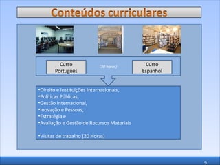 (30 horas) Curso Espanhol Curso Português Direito e Instituições Internacionais,  Políticas Públicas,  Gestão Internacional,  Inovação e Pessoas,  Estratégia e  Avaliação e Gestão de Recursos Materiais Visitas de trabalho (20 Horas) 