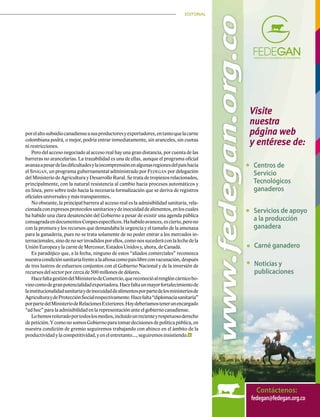 EDITORIAL
porelaltosubsidiocanadienseasusproductoresyexportadores,entantoquelacarne
colombiana podrá, o mejor, podría entrar inmediatamente, sin aranceles, sin cuotas
ni restricciones.
Pero del acceso negociado al acceso real hay una gran distancia, por cuenta de las
barreras no arancelarias. La trazabilidad es una de ellas, aunque el programa oficial
avanzaapesardelasdificultadesylaincomprensiónenalgunasregionesdelpaíshacia
el Sinigan, un programa gubernamental administrado por Fedegán por delegación
del Ministerio de Agricultura y Desarrollo Rural. Se trata de tropiezos relacionados,
principalmente, con la natural resistencia al cambio hacia procesos automáticos y
en línea, pero sobre todo hacia la necesaria formalización que se deriva de registros
oficiales universales y más transparentes.
No obstante, la principal barrera al acceso real es la admisibilidad sanitaria, rela-
cionadaconexpresosprotocolossanitariosydeinocuidaddealimentos,enloscuales
ha habido una clara desatención del Gobierno a pesar de existir una agenda pública
consagradaendocumentosConpesespecíficos.Hahabidoavances,escierto,perono
con la premura y los recursos que demandaba la urgencia y el tamaño de la amenaza
para la ganadería, pues no se trata solamente de no poder entrar a los mercados in-
ternacionales,sinodenoserinvadidosporellos,comonossucederáconlalechedela
Unión Europea y la carne de Mercosur, Estados Unidos y, ahora, de Canadá.
Es paradójico que, a la fecha, ninguno de estos “aliados comerciales” reconozca
nuestracondiciónsanitariafrentealaaftosacomopaíslibreconvacunación,después
de tres lustros de esfuerzos conjuntos con el Gobierno Nacional y de la inversión de
recursos del sector por cerca de 500 millones de dólares.
HacefaltagestióndelMinisteriodeComercio,quereconocióalrenglóncárnicobo-
vinocomodegranpotencialidadexportadora.Hacefaltaunmayorfortalecimientode
lainstitucionalidadsanitariaydeinocuidaddealimentosporpartedelosministeriosde
AgriculturaydeProtecciónSocialrespectivamente.Hacefalta“diplomaciasanitaria”
porpartedelMinisteriodeRelacionesExteriores.Hoydeberíamostenerunencargado
“ad hoc” para la admisibilidad en la representación ante el gobierno canadiense.
Lohemosreiteradoportodoslosmedios,incluidounrecienteyrespetuosoderecho
depetición.YcomonosomosGobiernoparatomardecisionesdepolíticapública,en
nuestra condición de gremio seguiremos trabajando con ahínco en el ámbito de la
productividad y la competitividad, y en el entretanto…, seguiremos insistiendo.
 