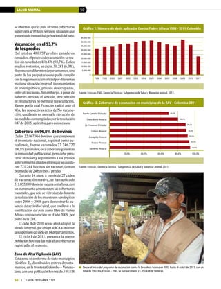 SALUD ANIMAL 50
50 | carta fedegÁn N.° 125
se observa, que el país alcanzó coberturas
superioresal95%enbovinos,situaciónque
garantizalainmunidadpoblacionaldelhato.
Vacunación en el 93,7%
de los predios
Del total de 480.757 predios ganaderos
censados, el proceso de vacunación se rea-
lizósinnovedaden450.476(93,7%).Delos
predios restantes, es decir, 30.281 (6,3%),
dispersosendiferentesdepartamentos,una
parte de los propietarios no pudo cumplir
conlareglamentaciónoficialpordiferentes
motivos:situacióninvernal,inconvenientes
de orden público, predios desocupados,
entreotrascausas.Sinembargo,apesarde
haberles ofrecido el servicio, otra porción
de productores no permitió la vacunación.
Razón por la cual Fedegán radicó ante el
ICA, las respectivas actas de No vacuna-
ción, quedando en espera la ejecución de
lasmedidascontempladasporlaresolución
047 de 2005, aplicable para estos casos.
Cobertura en 96,8% de bovinos
De los 22.967.966 bovinos que componen
el inventario nacional, según el censo ac-
tualizado, fueron vacunados 22.246.722
(96,8%)animales;estacoberturagarantiza
la inmunidad poblacional, pero debe pres-
tarse atención y seguimiento a los predios
anteriormentecitadosenlosquesequeda-
ron 721.244 bovinos sin vacunar, con un
promedio de 24 bovinos / predio.
Durante 14 años, a través de 27 ciclos
de vacunación masiva, se han aplicado
511.055.089dosisdevacunaantiaftosa,con
unincrementoconstanteenlascoberturas
vacunales,quesolosevióreducidadurante
larealizacióndelosmuestreosserológicos
entre 2006 y 2008 para demostrar la au-
sencia de actividad viral, que conllevó a la
certificación del país como libre de Fiebre
Aftosa con vacunación en el año 2009, por
parte de la OIE.
El ciclo II de 2010 se vio afectado por la
oleada invernal que obligó al ICA a ordenar
lasuspensióndelcicloen14departamentos.
El ciclo I de 2011, presenta la mayor
poblaciónbovinaylasmásaltascoberturas
registradas al presente.
Zona de Alta Vigilancia (ZAV)
Esta zona se conforma de siete municipios
(Gráfica 2), distribuidos en tres departa-
mentos, en la frontera Colombo – Venezo-
lana, con una población bovina de 349.814
Gráfica 1. Número de dosis aplicadas Contra Fiebre Aftosa 1998 - 2011 Colombia
0
5.000.000
10.000.000
15.000.000
20.000.000
25.000.000
30.000.000
35.000.000
40.000.000
45.000.000
1998 1999 2000 2001 2002 2003 2004 2005 2006 2007 2008 2009 2010 2011
Fuente: Fedegán- FNG, Gerencia Técnica - Subgerencia de Salud y Bienestar animal. 2011.
20,0% 40,0% 60,0% 80,0% 100,0%
Saravena (Arauca)
Arauca (Arauca)
Arauquita (Arauca)
Cubará (Boyacá)
La Primavera (Vichada)
Cravo Norte (Arauca)
Puerto Carreño (Vichada)
Gráfica 2. Cobertura de vacunación en municipios de la ZAV - Colombia 2011
94,6%
93,3%
91,5%
90,2%
89,2%
80,2%
69,3%
Fuente: Fedegán , Gerencia Técnica - Subgerencia de Salud y Bienestar animal. 2011
	 Desde el inicio del programa de vacunación contra la brucelosis bovina en 2002 hasta el ciclo I de 2011, con un
total de 19 ciclos, Fedegán - FNG, se han vacunado 21.453.638 de terneras.
 
