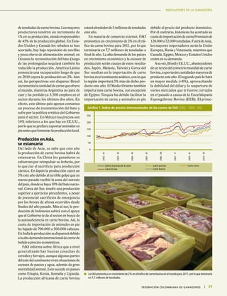 INFORME ESPECIALINDICADORES DE LA GANADERÍA
77|	 FEDERACIÓN COLOMBIANA DE GANADEROS
detoneladasdecarnebovina.Losmayores
productores tendrán un incremento de
1% en su producción, siendo responsables
de 45% de la producción global. En Esta-
dos Unidos y Canadá los rebaños se han
acortado, hay baja reposición de novillas
y poca oferta de alimentación animal; en
Oceanía la reconstitución del hato (luego
de las prolongadas sequías) también ha
reducido la producción. América Latina
presencia una recuperación luego de que
en 2010 cayera la producción un 2%. Aún
así, las perspectivas son dispares: Brasil
incrementalacantidaddecarnequeofrece
al mundo, mientras Argentina no para de
caer y ha perdido ya 3.500 empleos en el
sector durante los últimos dos años. En
efecto, este último país apenas comienza
un proceso de reconstitución del hato y
sufre por la política errática del Gobierno
para el sector. En México los precios son
10% inferiores a los que hay en EE.UU.,
por lo que se prefiere exportar animales en
pieantesquefomentarlaproducciónlocal.
Producción en Asia,
se estancaría
Del lado de Asia, se sabe que este año
la producción de carne bovina habrá de
estancarse. En China los ganaderos se
esfuerzan por reimpulsar su lechería, por
lo que cae el sacrificio para producción
cárnica. En Japón la producción caerá un
5% este año debido al terrible golpe que en
marzo pasado recibió la zona del noreste
delpaís,dondesehaya10%delhatonacio-
nal. Corea del Sur, tendrá una producción
superior a ejercicios precedentes, a pesar
de presenciar sacrificios de emergencia
por los brotes de aftosa ocurridos desde
finales del año pasado. Más al sur, la pro-
ducción de Indonesia subirá con el apoyo
que el Gobierno le da al sector en busca de
la autosuficiencia en carne bovina. Así, la
cuota de importación de animales en pie
ha bajado de 700.000 a 500.000 cabezas.
EnIndialaproducciónsedispararádebido
alaaltademandainternacionaldecarnede
bufalo a precios económicos.
FAO informa sobre África que a nivel
generalizado hay buenas cosechas de
cereales y forrajes, aunque algunas partes
delestedelcontinentevivensituacionesde
escasez de pastos y agua, además de gran
mortalidad animal. Esto sucede en países
como Etiopia, Kenia, Somalia y Uganda.
La producción africana de carne bovina
Gráfico 1. Índice de precios internacionales de las carnes de FAO (2002 - 2004 : 100)
0
50
100
150
200
250
2002-01
2003-03
2004-05
2005-07
2006-09
2007-11
2009-01
2010-03
Índice de precios de la carne
Carne de ave
Carne porcina
Carne bovina
Carne ovina
	 La FAO pronostica un crecimiento de 2% en el tráfico de carne bovina en el mundo para 2011,por lo que terminaría
en 7,7 millones de toneladas.
estaráalrededorde5millonesdetoneladas
este año.
En materia de comercio exterior, FAO
pronostica un crecimiento de 2% en el trá-
fico de carne bovina para 2011, por lo que
terminaría en 7,7 millones de toneladas a
final de año. La alta demanda de los países
en crecimiento económico y la escasez de
producción serán causas de estos resulta-
dos. Japón, Malasia, Taiwán y Corea del
Sur resaltan en la importación de carne
bovinaenelcontinenteasiático,conloque
la región importará 5% más de dicho pro-
ducto este año. El Medio Oriente también
importa más carne bovina, con excepción
de Egipto: Turquía ha debido facilitar la
importación de carne y animales en pie
debido al precio del producto doméstico.
Por el contrario, Indonesia ha acortado su
cuotadeimportacióndecarnePremiumde
120.000a72.000toneladas.FueradeAsia,
los mayores importadores serán la Unión
Europea, Rusia y Venezuela, mientras que
Canadá, Egipto, México y Estados Unidos
ceden en su demanda.
Asuvez,BrasilyEE.UU.,abastecedores
deunterciodelcomerciomundialdecarne
bovina,exportaráncantidadesmayoresde
producto este año. El segundo país lo hará
en mayor medida (+8%), aprovechando
la debilidad del dólar y la reapertura de
varios mercados que le fueron cerrados
en el pasado a causa de la Encefalopatía
Espongiforme Bovina (EEB). El prime-
 